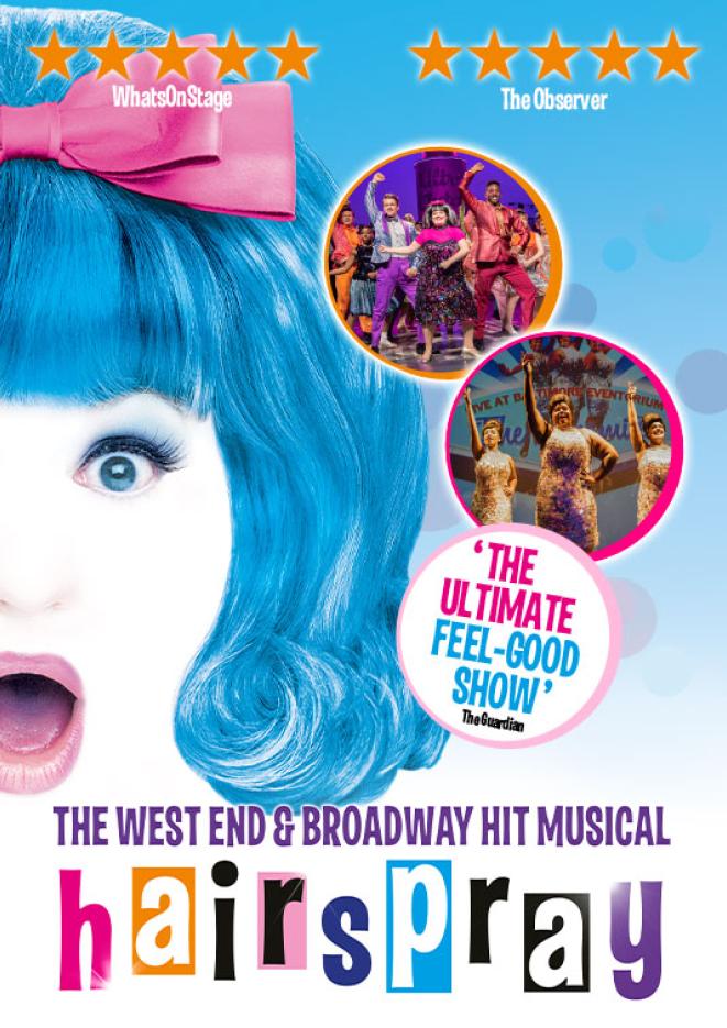 A cast member of Hairspray with a blue wig and pink bow. Below her is text that reads Hairspray in block letters.