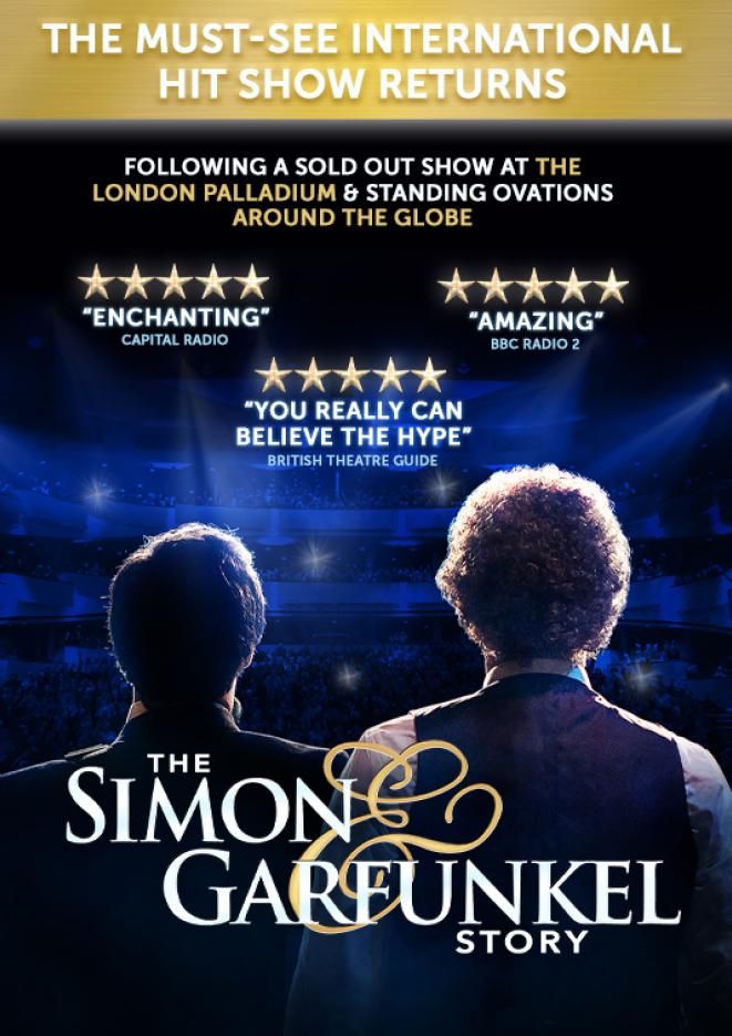 Tribute artists of Simon and Garfunkel stand with their backs to the camera, looking out at a stage with blue lights. 