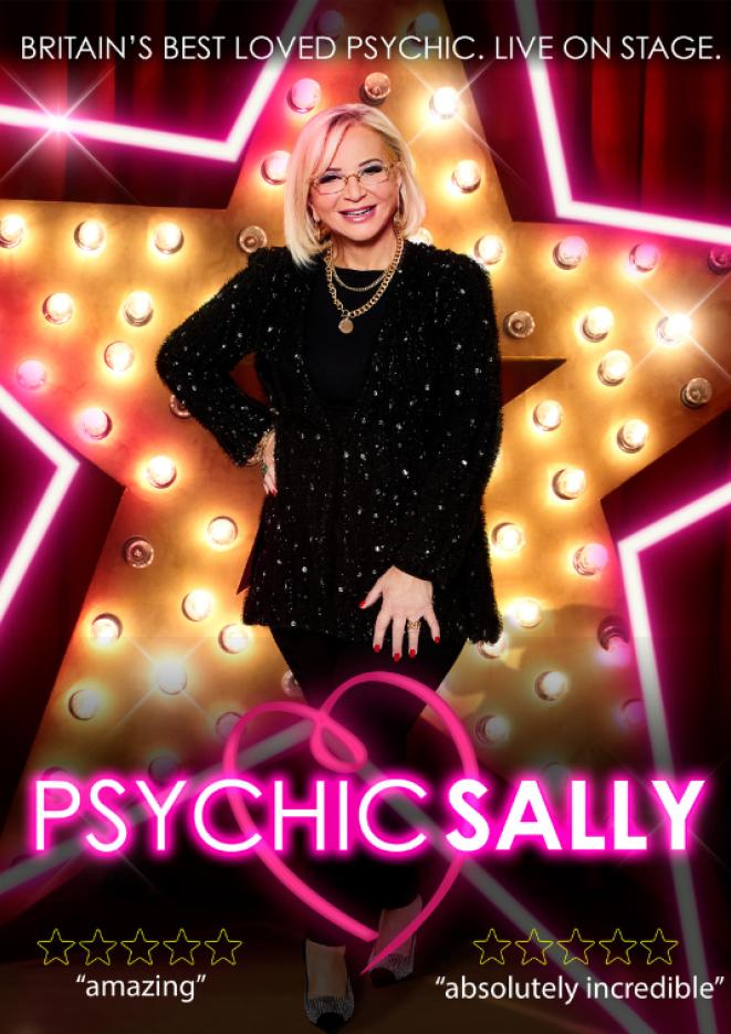 Psychic Sally stands in front of a golden lit star with pink text that reads Psychic Sally