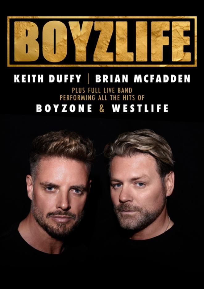 Musicians Keith Duffy and Brian McFadden stand against a black background with gold text above that reads Boyzlife