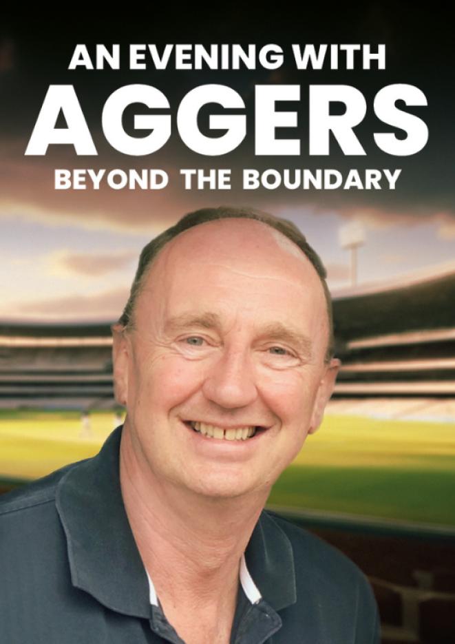 Cricket figure Jonathan Agnew looks into the camera with white text above that reads An Evening with Aggers.