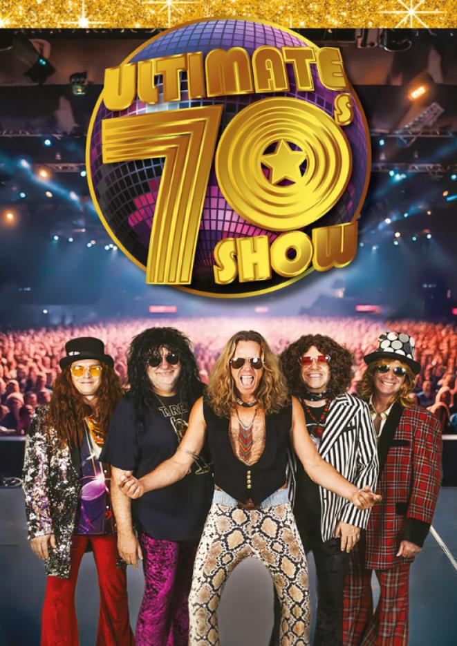 A group of 5 tribute artists dressed in 70s clothes with a logo above that reads Ultimate 70s Show.