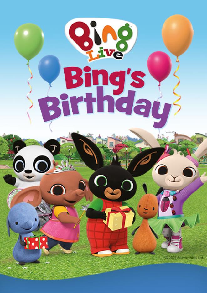 Colourful artwork with graphics of Bing! characters. Text reads Bing's Birthday.