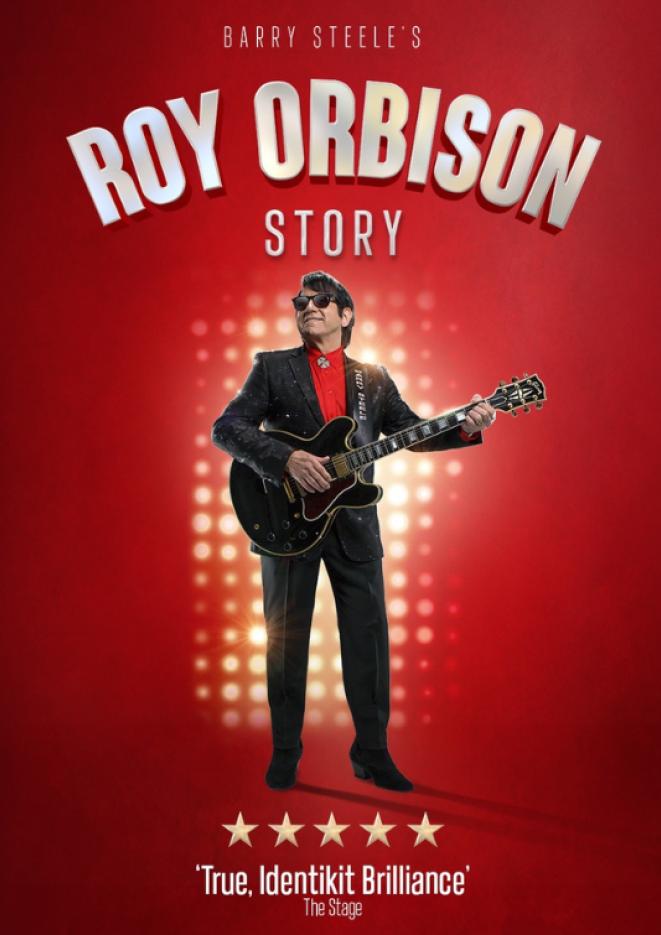 A red background with an image of Barry Steele in the centre with white text above that reads Roy Orbison Story.