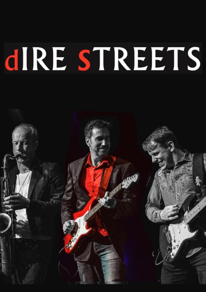 A black background with white text that reads Dire Streets and three musicians.