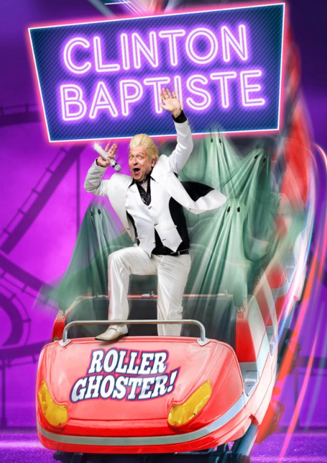 Graphic of comedian Clinton Baptiste standing on a roller coaster.