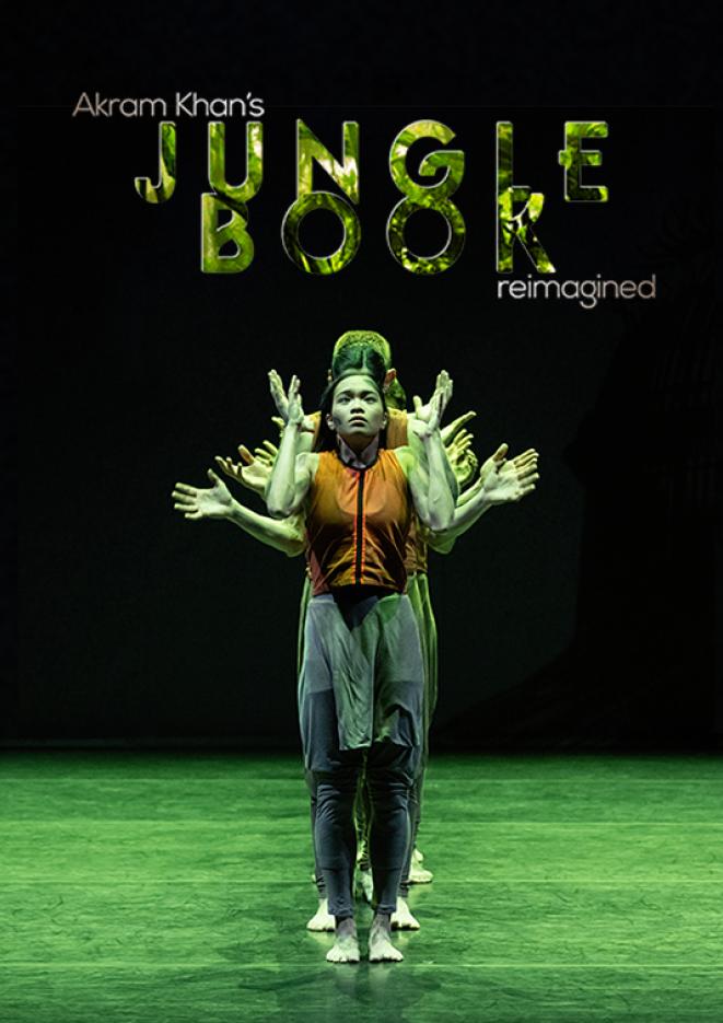 Dancers on a stage with green lighting. Above them, text reads Jungle Book Reimagined.