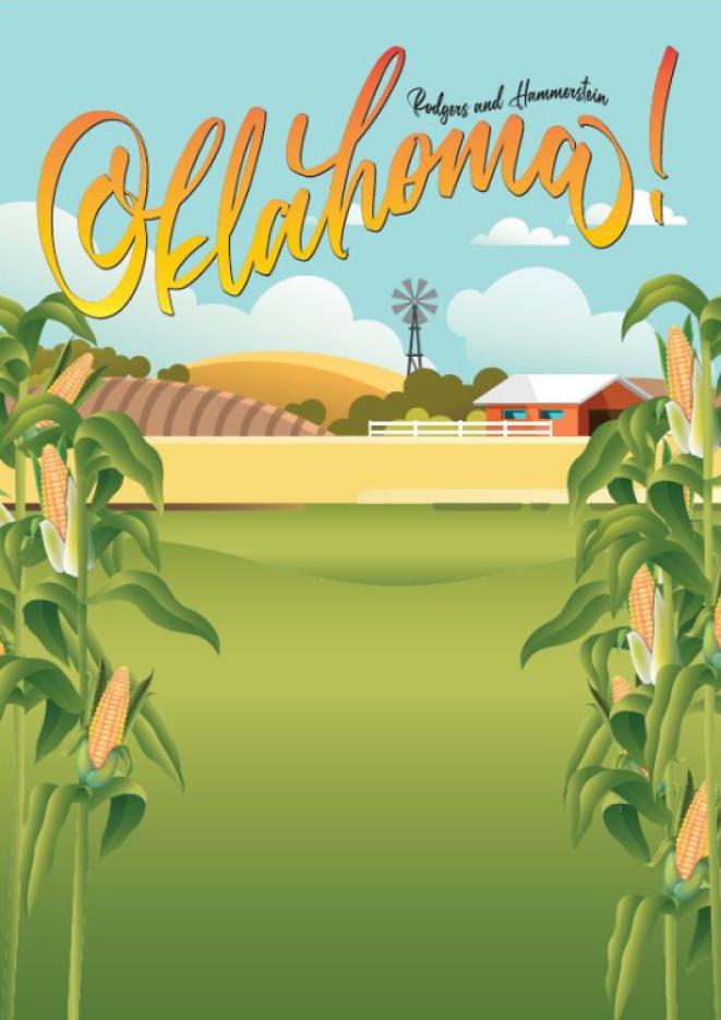 Brightly coloured graphic of a farm with gold text above that reads Oklahoma