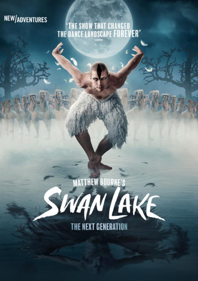 Dancers against a nightime sky dressed in feathered costumes. White text below reads Swan Lake.