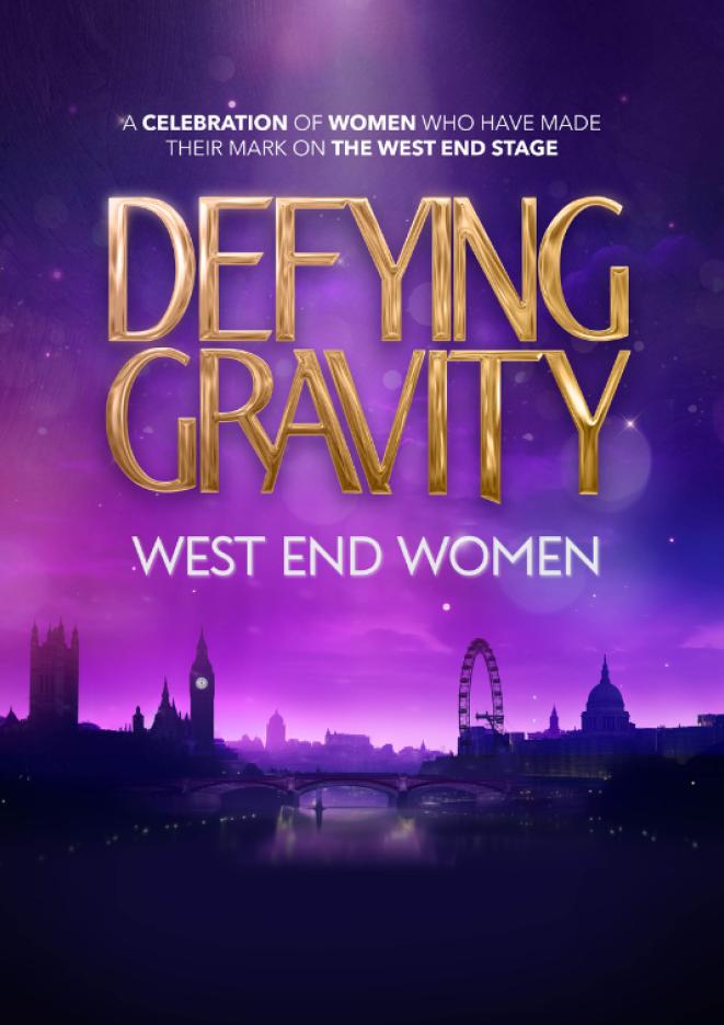 A purple background with a silhouette of the London skyline and gold text above that reads Defying Gravity.