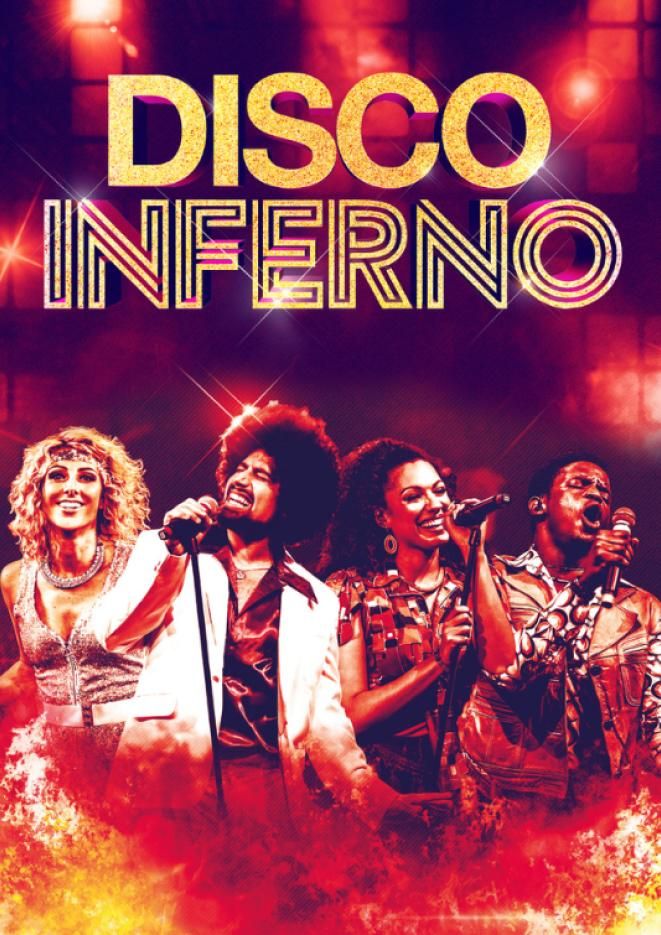 A red background with four singers and gold text that reads Disco Inferno