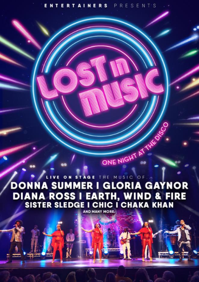 A graphic that reads Lost in Music with a group of performers underneath dressed in red.