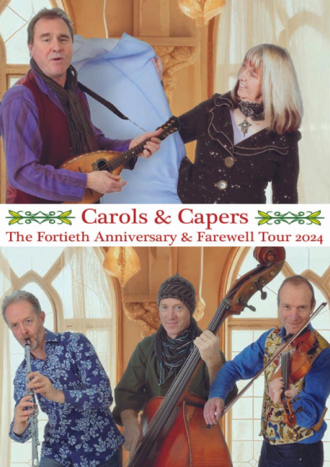 Musicians Maddy Prior and The Carnival Band playing instruments with text that reads Carols and Capers.