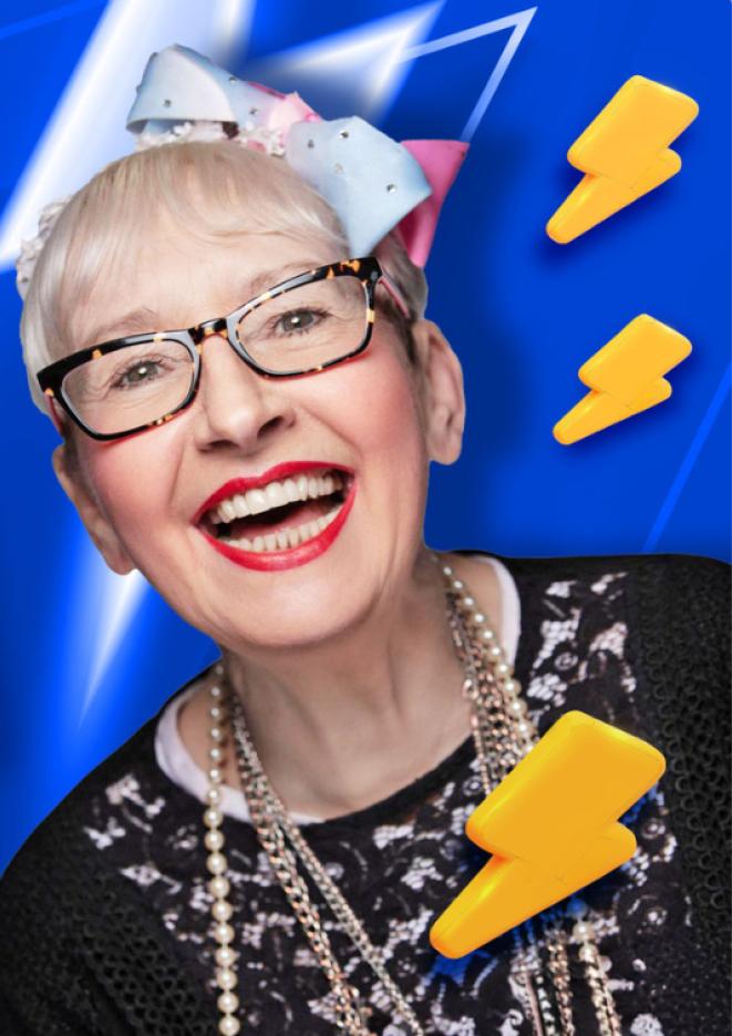 Comedian Su Pollard against a blue background with graphics of lightening