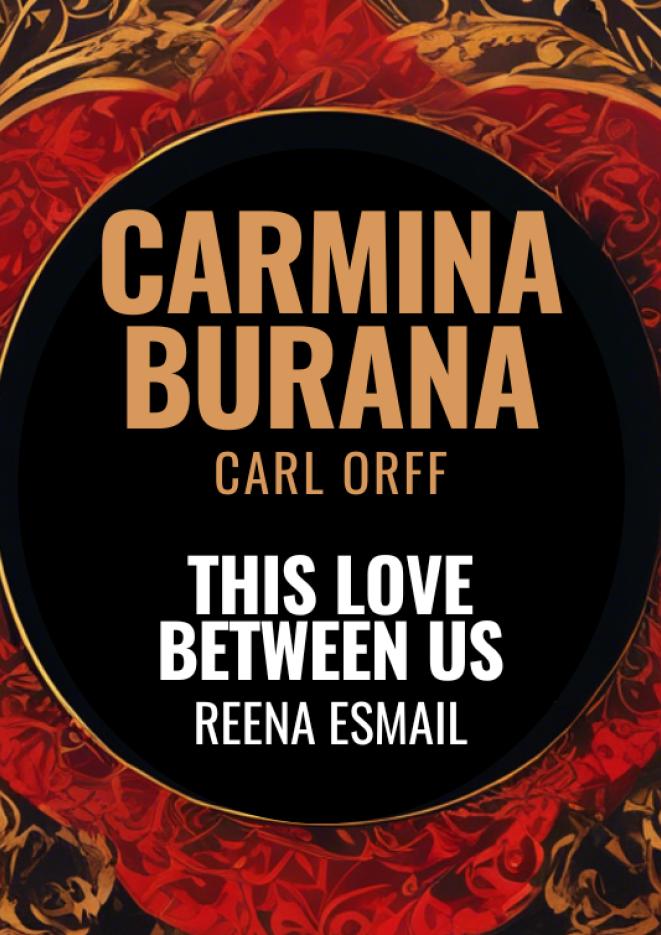 Red, gold and black floral artwork with text in the centre that reads Carmins Burana This Love Between Us.