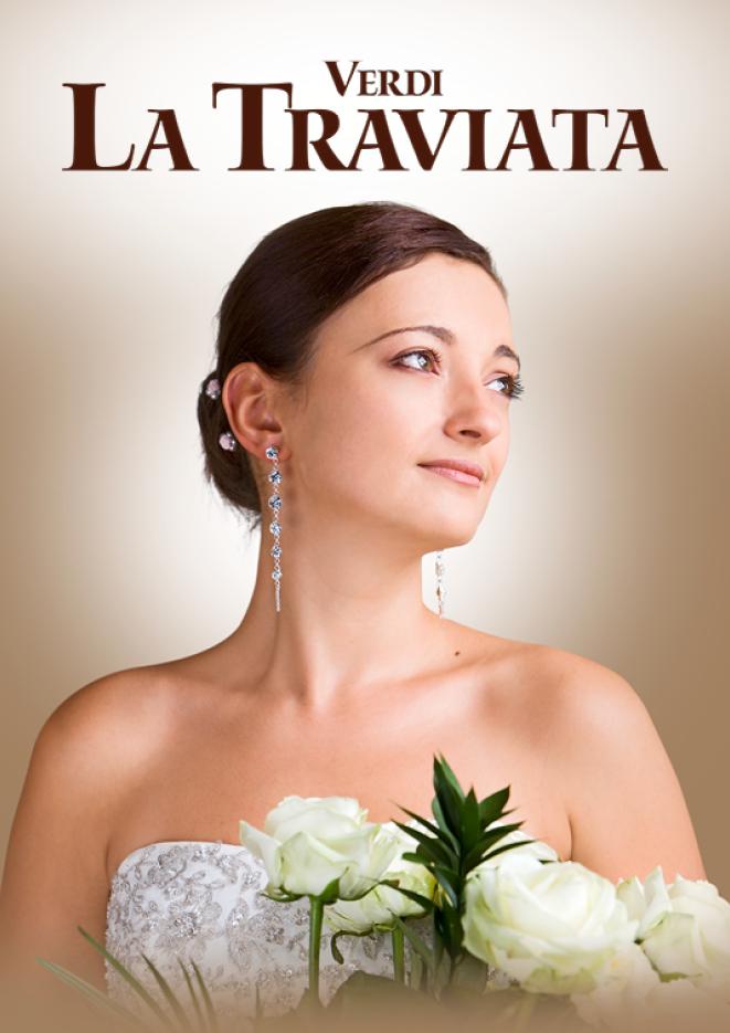 A woman in a wedding dress holding some flowers, text above reads La Traviata.