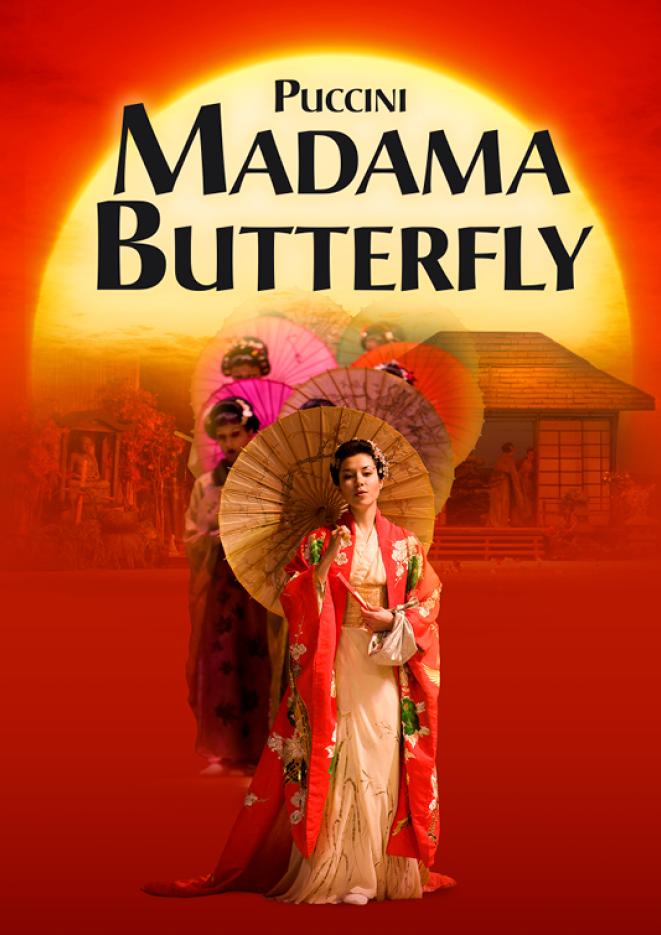 A red background with a woman stood holding a parasol. Black text reads Madama Butterfly.