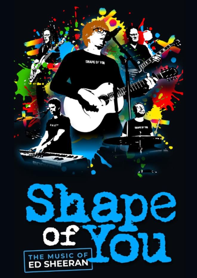 Artwork of an Ed Sheeran tribute artist with blue text that reads Shape of You