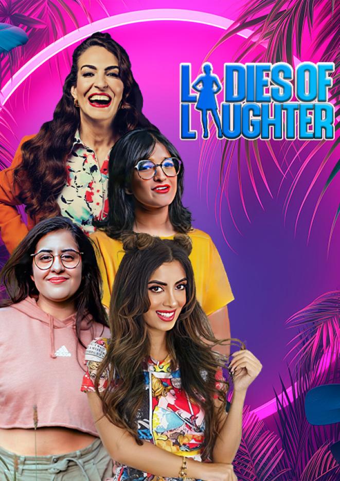 Pink background with a group of four female comedians and blue text that reads Ladies of Laughter.