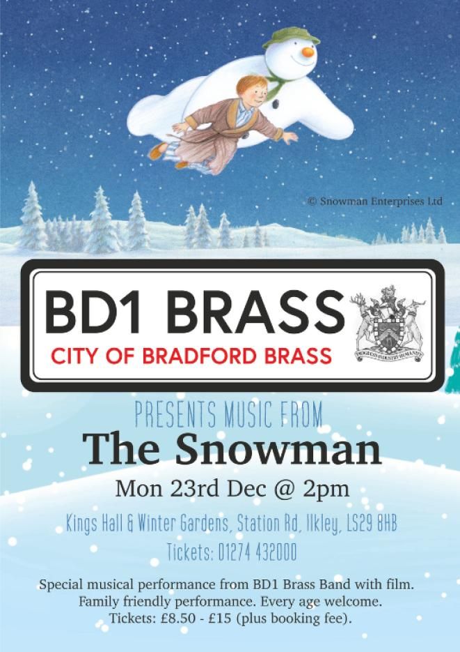 A blue background with characters from The Snowman flying through the air. Text Reads BD1 Brass.