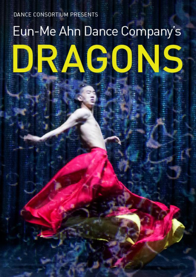 A dancer on stage wearing a red dress stands in front of a large digital screen with yellow text that reads Dragons.