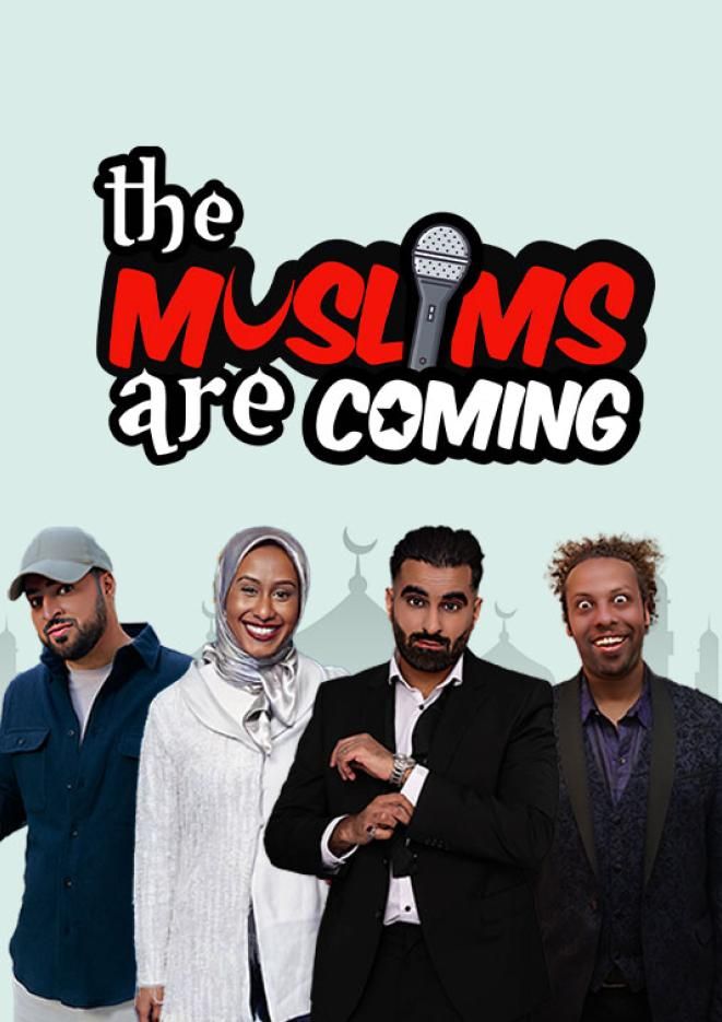 A blue background with white and red text that reads The Muslims Are Coming and images of four comedians underneath the text.