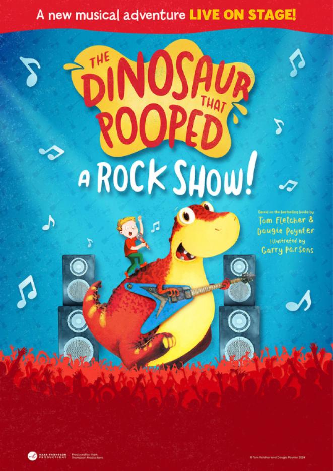 A blue and red background with a graphic of a boy sat on a red and yellow dinosaur. Red text reads The Dinosaur That Pooped A Rock Show.