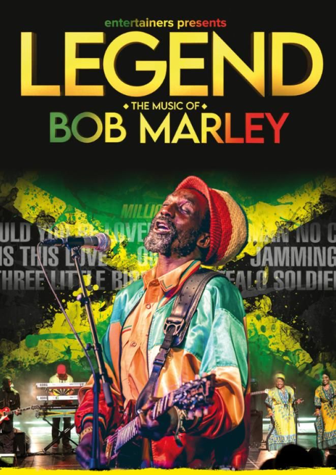 A tribute artist of Bob Marley in the centre of a Jamaican flag background with gold text above that reads Legend.