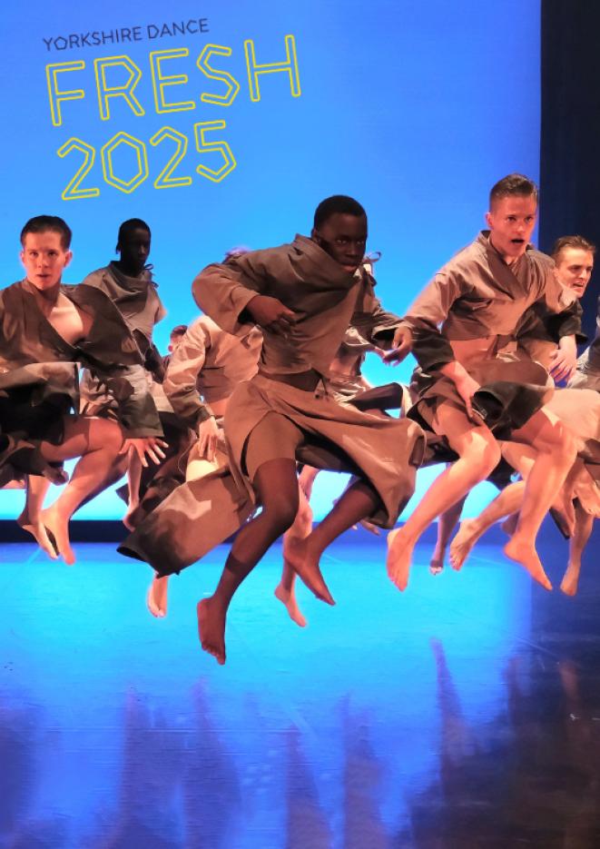 Dancers dressed in beige jumping against a blue background, yellow text above reads Fresh 2025