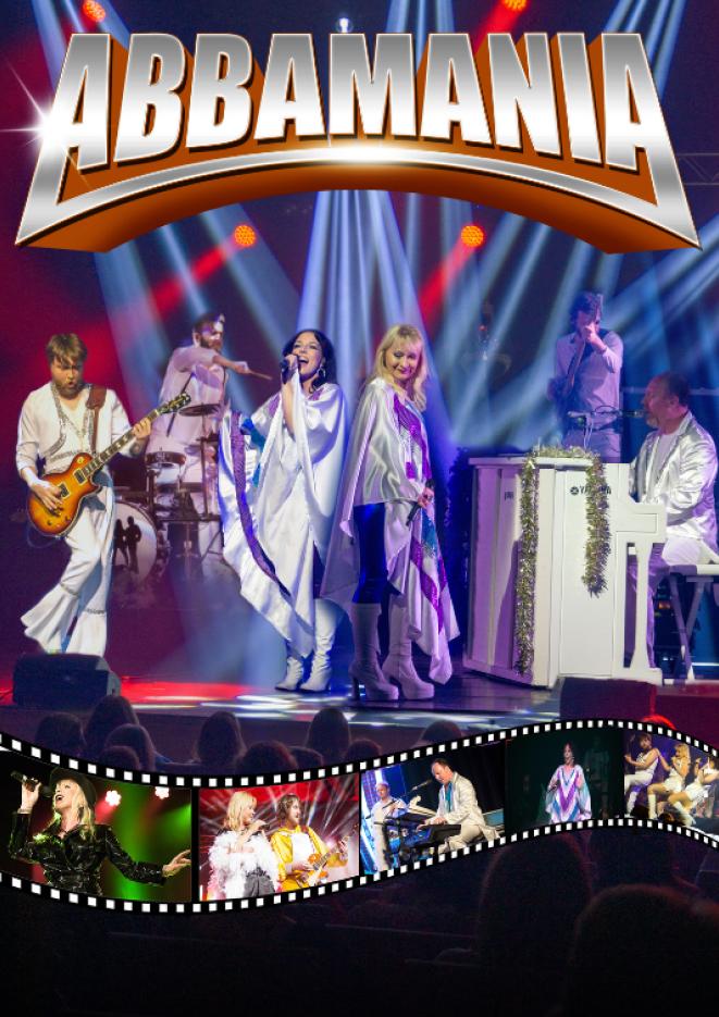 A tribute group of Abba performing on stage with blue and red stage lights shining on them, text above reads ABBAMANIA