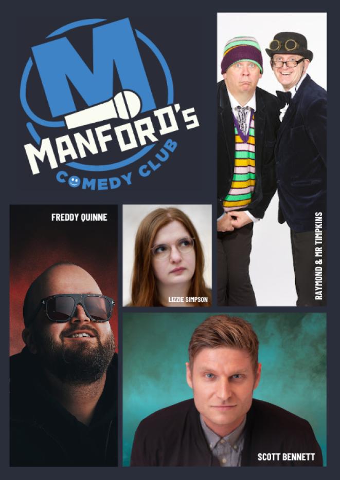 A collage of comedian headshots with logo in the top left corner that reads Manford's Comedy Club