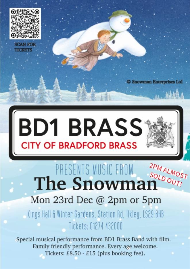 A blue background with characters from The Snowman flying through the air. Text Reads BD1 Brass.