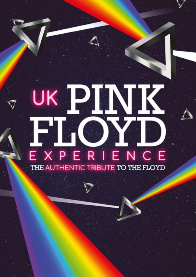 A black background with graphics of rainbows and white text that reads UK Pink Floyd Experience.