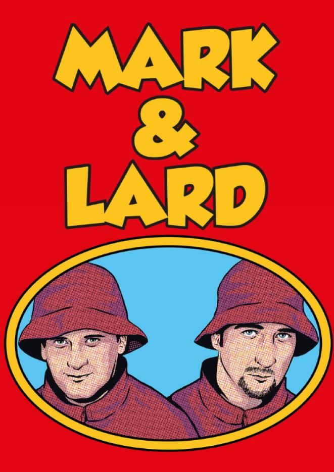 A graphic of radio hosts Mark and Lard against a red background with their names in yellow text.