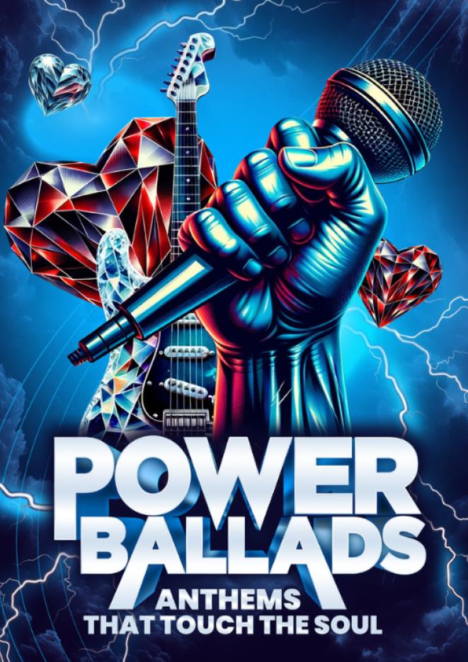 A graphic of a hand holding a microphone and a crystal guitar against a blue background. Text to the bottom reads Power Ballads.