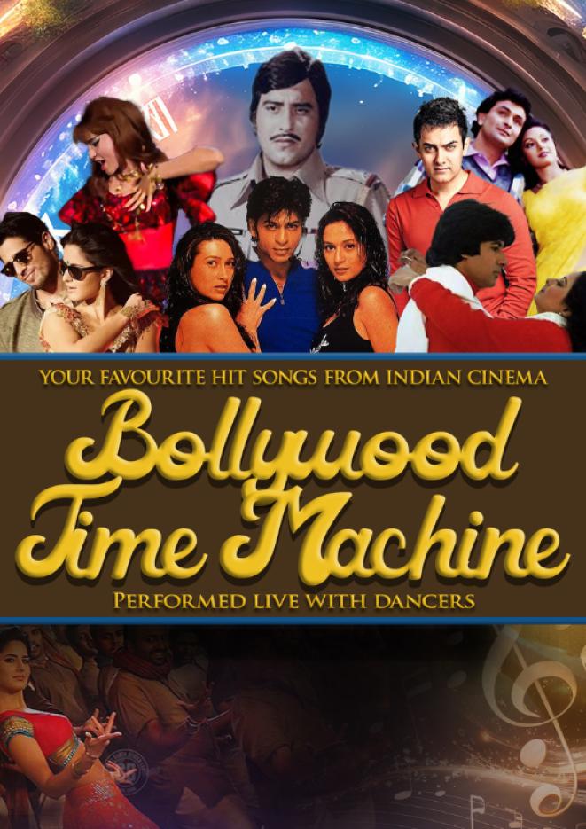 A collage of bollywood actors with yellow text below that reads Bollywood Time Machine.