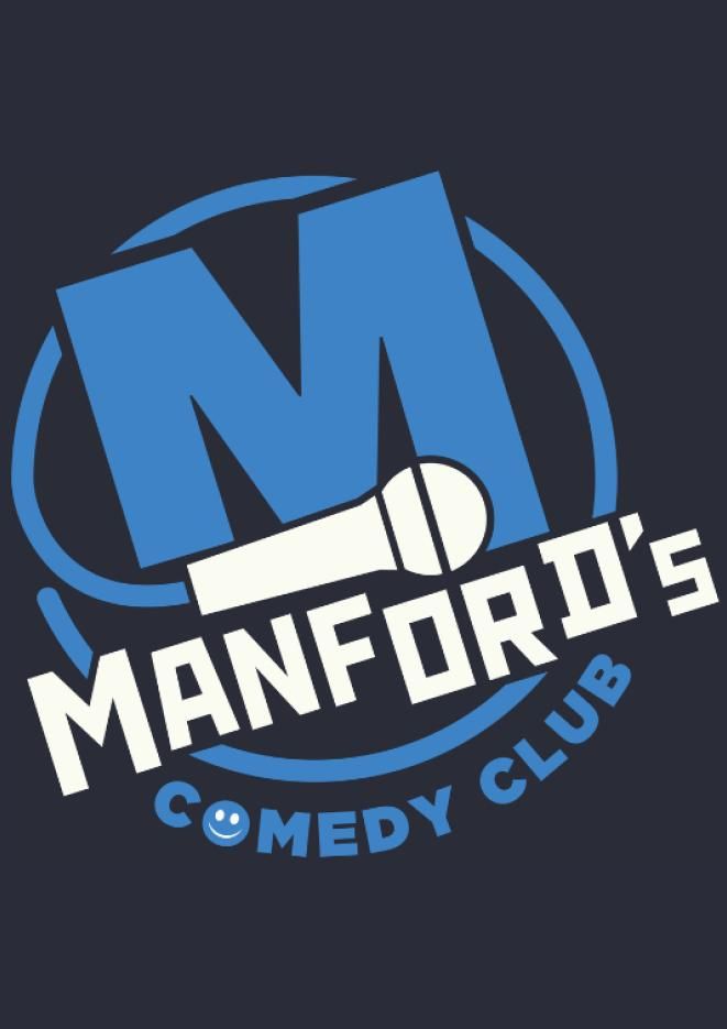 A dark background with a logo of a blue letter M and white text that reads Manford's Comedy Club.