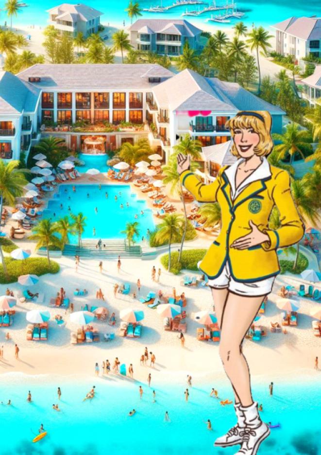 A background of a holiday destination hotel with a graphic of a woman wearing a white and yellow hotel outfit.