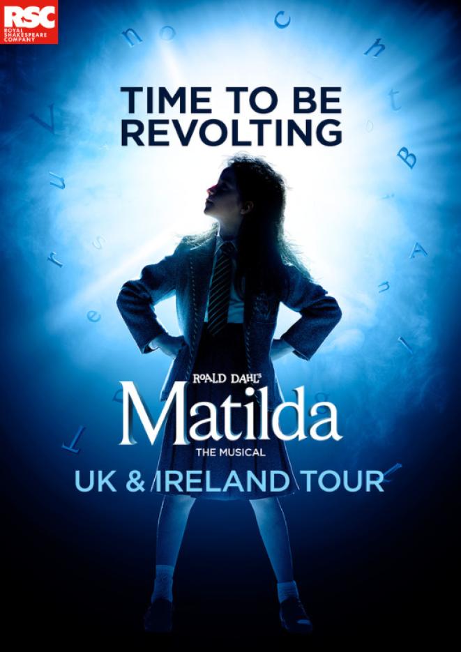 A blue background with the silhouette of a young girl with blue text that reads Matilda.