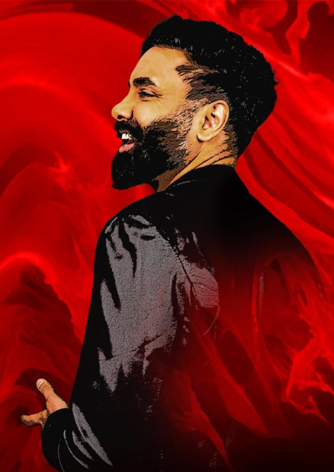 Graphic of comedian Paul Chowdhry in a black suit against a dark red background.