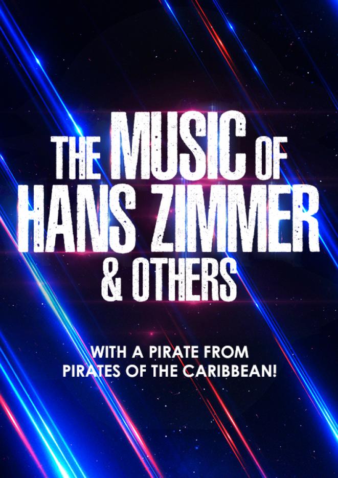 A black background with blue streaks and white text over the top that reads The Music of Hans Zimmer and Others.