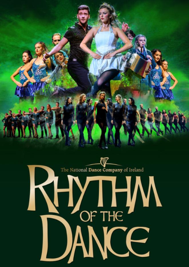 A green background with a group of Irish dancers and gold text that reads Rhythm of the Dance.