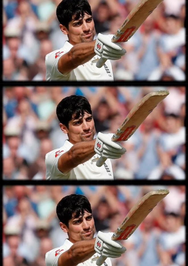 Cricketer Alastair Cook holding a cricket bat with crowds in the background.