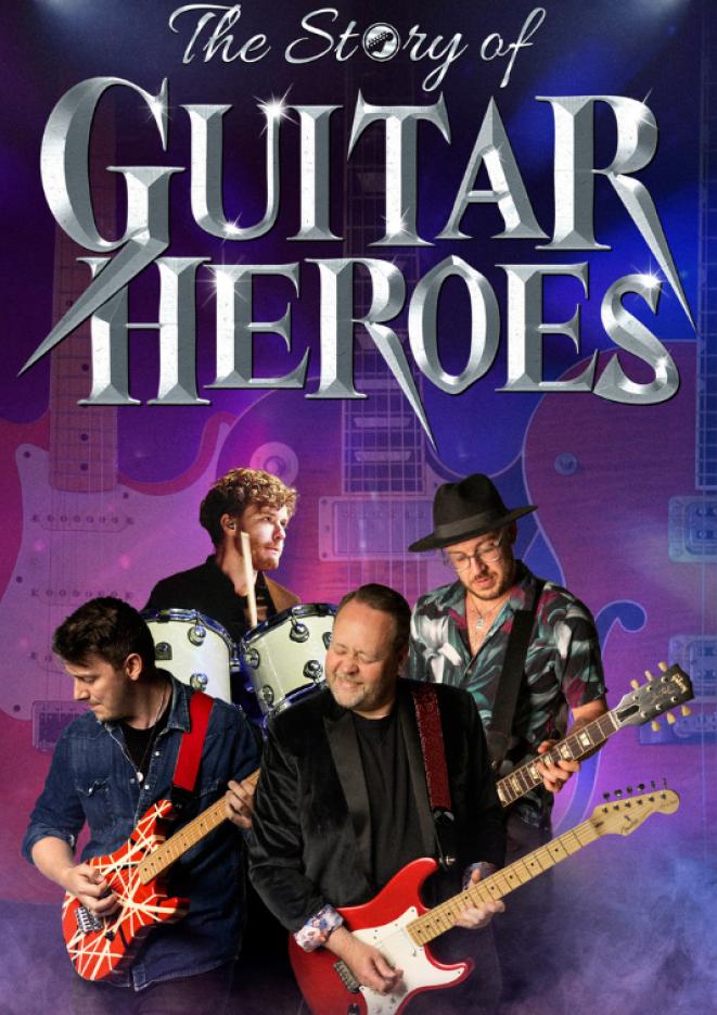 A purple background with four musicians playing guitar and silver text above that reads The Story of Guitar Heroes