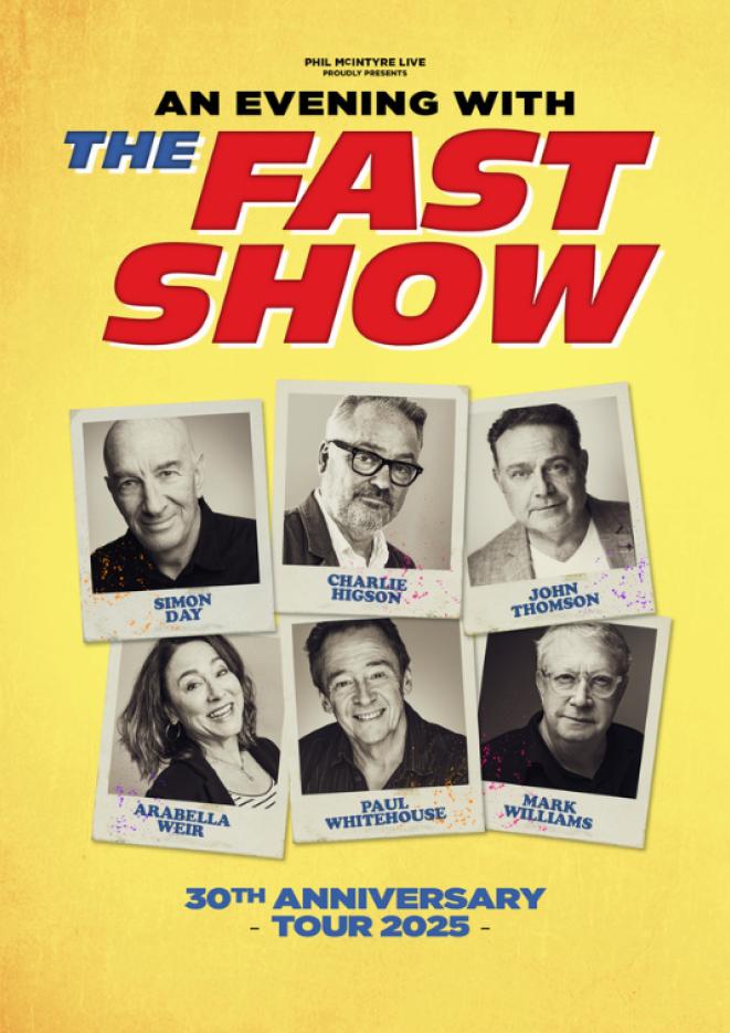 A yellow background with images of 6 well known British actors, with text above that reads The Fast Show