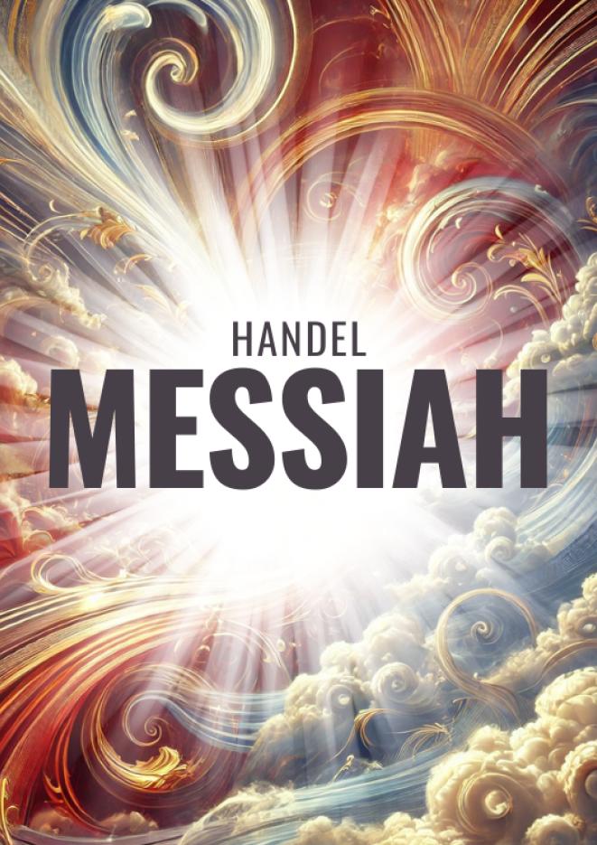 Artwork of red and blue swirly clouds with text over the top that reads Handel Messiah.