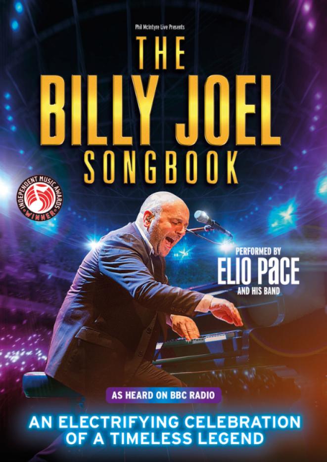 Tribute artist of Billy Joel plays keyboard against a dark background with gold text that reads The Billy Joel Songbook.