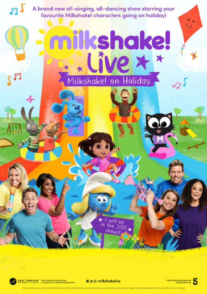 Graphics of childrens TV characters such as Dora the Explorer with purple text that reads Milkshake Live