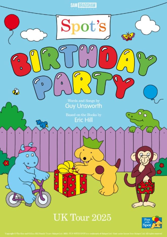 Childrens book character Spot along with two other characters with multi coloured letters that read Spots Birthday Party