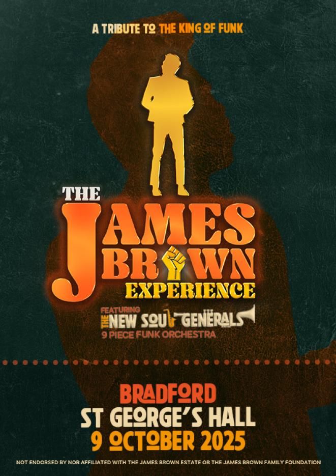 Artwork of the silhouette of James Brown with orange text that reads The James Brown Experience